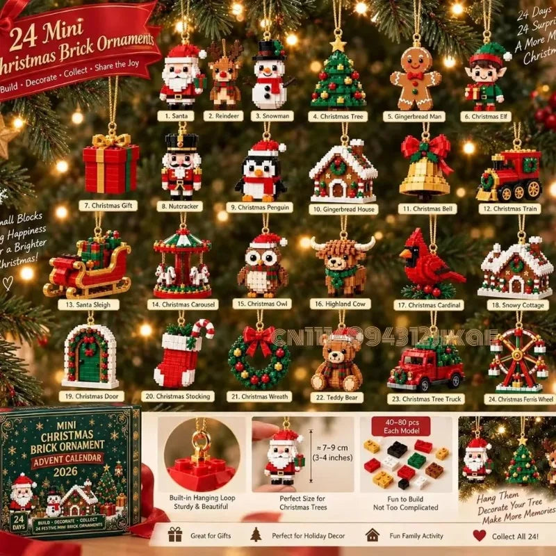 24-Day Christmas Brick Ornament Advent Calendar with Hanging Loops